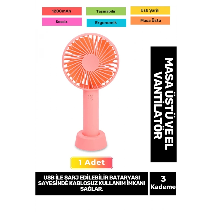 3 Kademeli Ultra Sessiz Hafif Kablosuz 1200mAh Pervaneli Taşınabilir Usb Şarj Masa El Fan Vantilatör