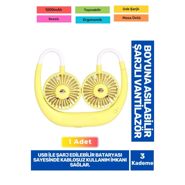 3 Kademeli Ultra Sessiz Sarı Eller Serbest Boyuna Asılabilir Şarjlı Klima Soğutucu Fan Vantilatör