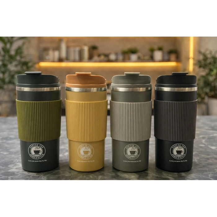 #Mug Sızdırmaz Kapak Silikon Kılıf Isı Korumalı Kupa 500 ml Paslanmaz Çelik Termos Mug Bardak