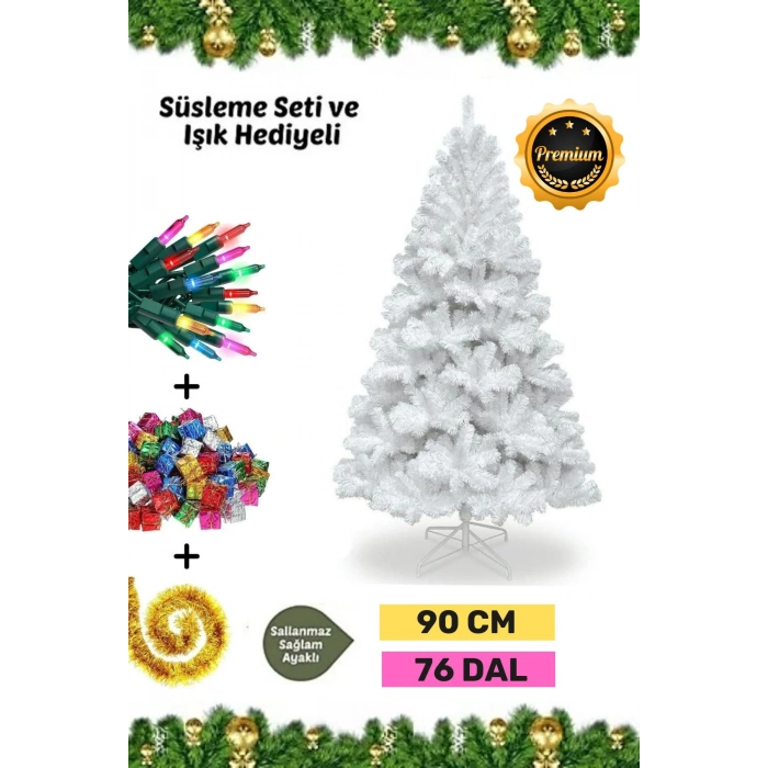 Premium Süsleme Seti Yılbaşı Beyaz Çam Ağacı Renkli Işığı Yeni Yıl Süsleri Noel Paketi 90 Cm 76 Dal