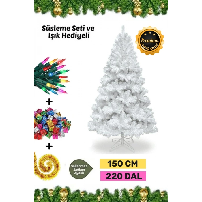 Premium Süsleme Set Yılbaşı Beyaz Çam Ağacı Renkli Işığı Yeni Yıl Süsleri Noel Paketi 150 Cm 220 Dal