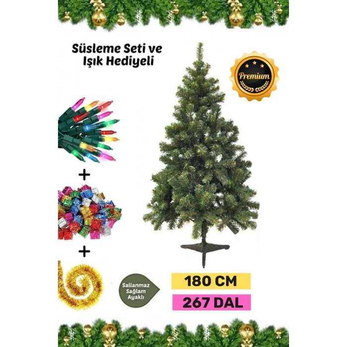 Premium Kutu Süsleme Seti Yılbaşı Çam Ağacı Renkli Işığı Yeni Yıl Süsleri Noel Paketi 180 Cm 267 Dal