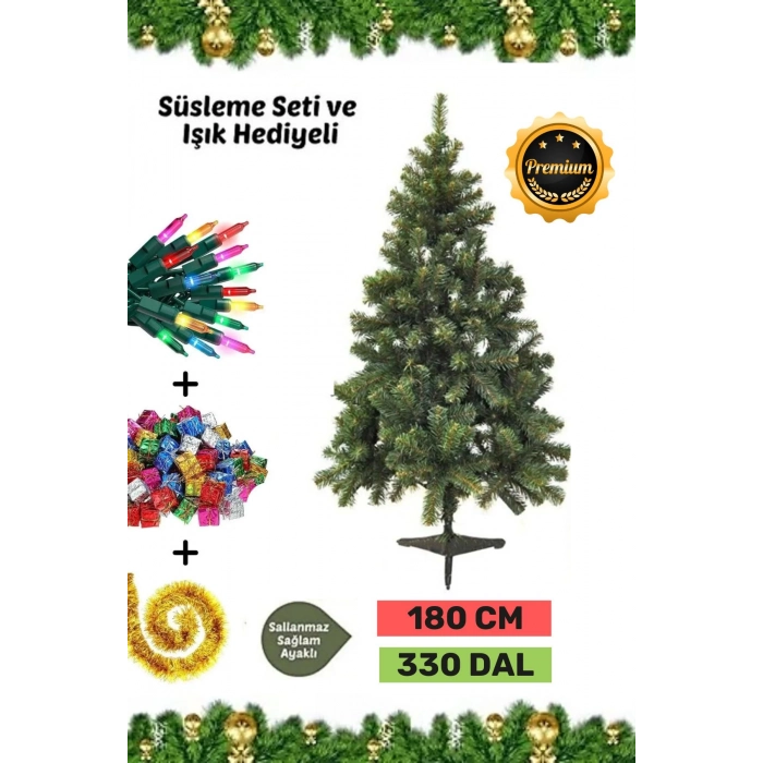 Premium Kutu Süsleme Seti Yılbaşı Çam Ağacı Renkli Işığı Yeni Yıl Süsleri Noel Paketi 180 Cm 330 Dal