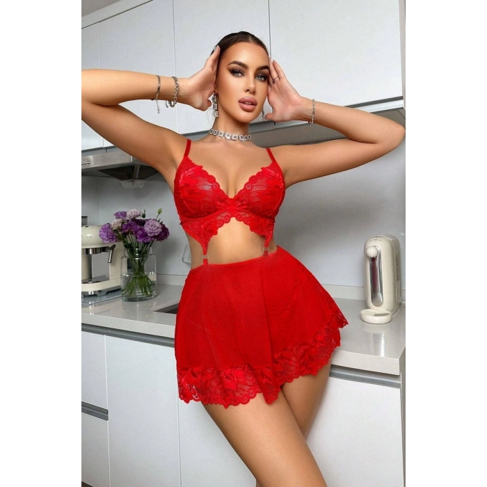 Özel Seri Transparan İnce Tül Fantezi Şık Büyük Küçük Beden Kırmızı Valentines Tasarım Gecelik