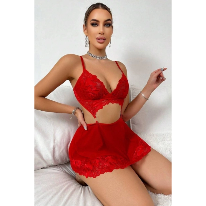 Özel Seri Transparan İnce Tül Fantezi Şık Büyük Küçük Beden Kırmızı Valentines Tasarım Gecelik