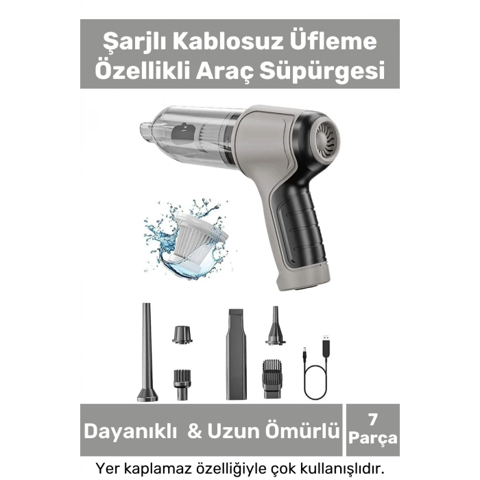 Deluxe Şarjlı Kablosuz 2 Fonksiyonlu Uyumlu Vakumlu El Süpürgesi Üfleme Özellikli Araç Süpürgesi