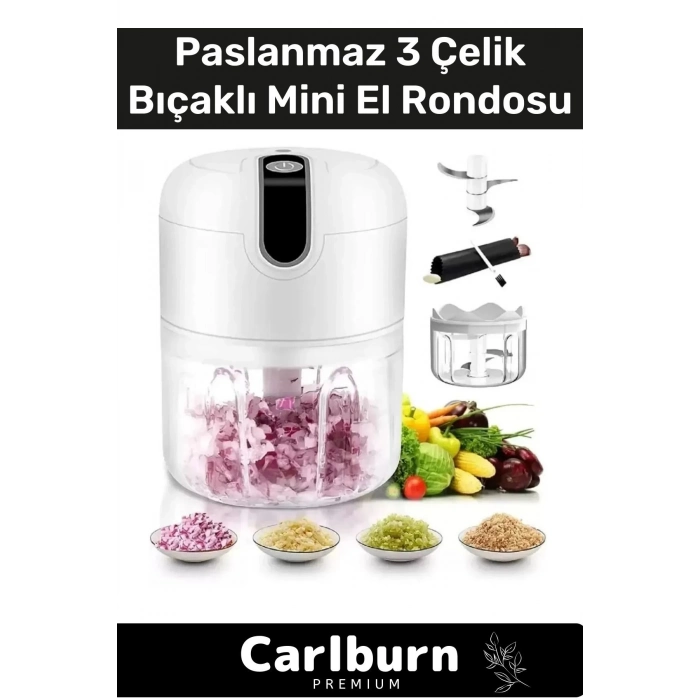 Premium Paslanmaz 3 Bıçaklı Kolay Hızlı Sebze Meyve Sarımsak Pratik Sarjlı Mini El Rondosu 250 ml