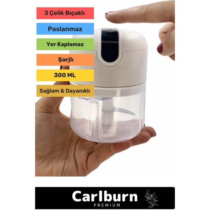 Premium Paslanmaz 3 Bıçaklı Kolay Hızlı Sebze Meyve Sarımsak Pratik Sarjlı Mini El Rondosu 250 ml