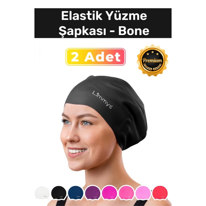 Premium Su Geçirmez Silikon Yüzücü Havuz Ve Deniz Bonesi Elastik Yüzme Şapkası 2li Set