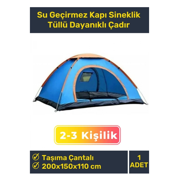 Premium Su Geçirmez Kapı Sineklik Tüllü Dayanıklı Kumaş Pratik Kolay Kurulum 2-3 Kişilik Kamp Çadırı