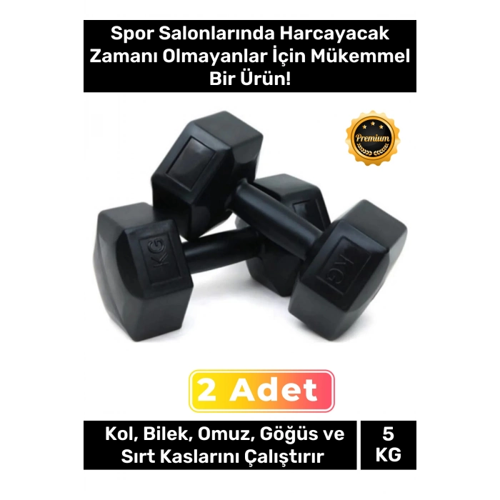 Plastik Köşeli Spor Egzersiz Vücut Kas Geliştirme Fitness Ağırlık Siyah 5 Kg Dambıl Set - 2 Adet