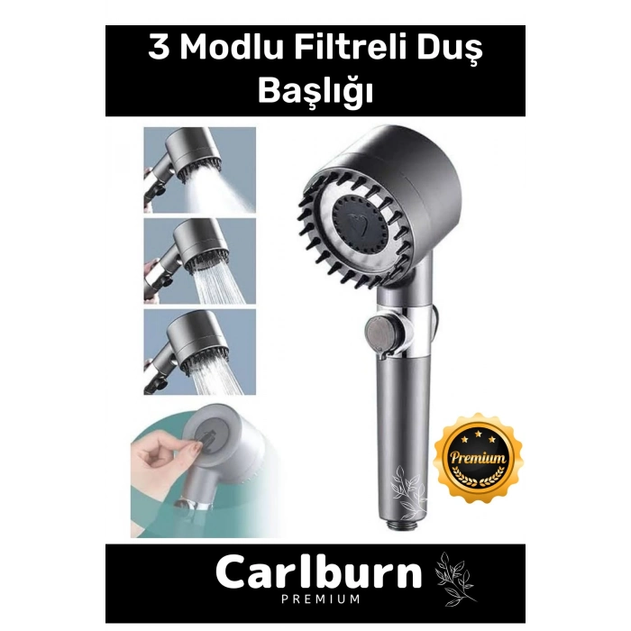 Premium Seri Çok Amaçlı Pratik Kolay Kurulum Su Akış Durdurmalı Filtreli Duş Başlığı 3 Mod
