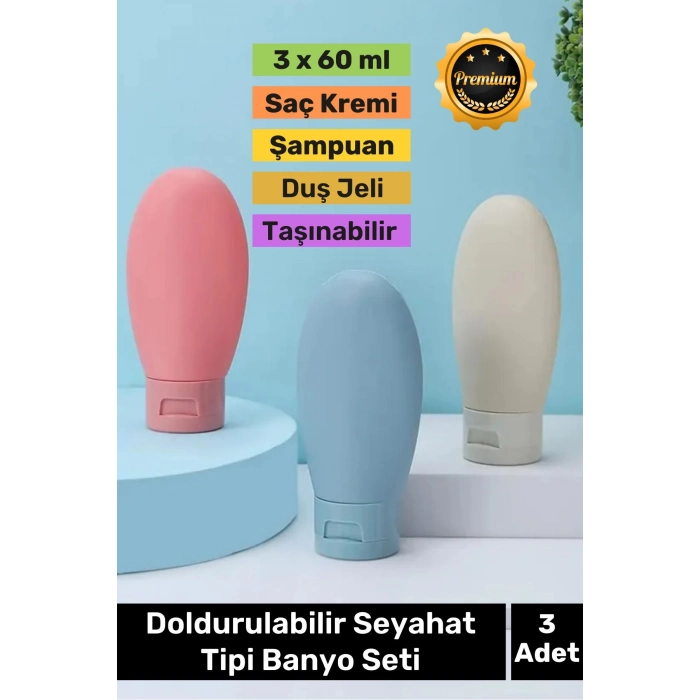 Premium Doldurulabilir Taşınabilir Krem Şampuan Jel 3 Adet 60ml Hijyenik Seyahat Tipi Banyo Seti