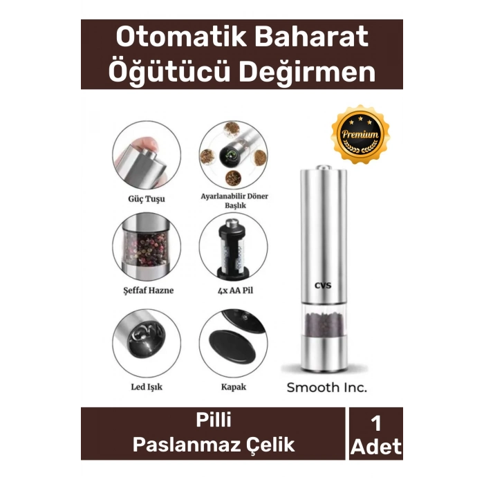 Özel Otomatik Pilli Kaliteli Mutfak Yemek Paslanmaz Tuz Karabiber Baharat Öğütücü Değirmen