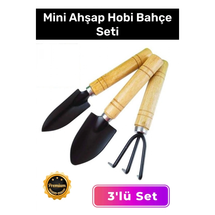 Premium Yüksek Kaliteli Taşınabilir Estetik Ahşap Tırmık Kürek Mini Ahşap Hobi Bahçe Seti 3 Adet