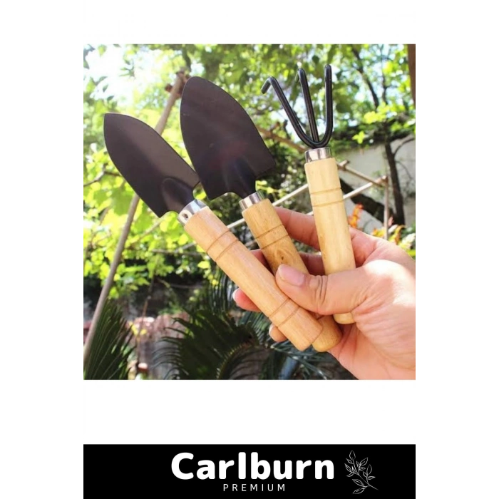 Premium Yüksek Kaliteli Taşınabilir Estetik Ahşap Tırmık Kürek Mini Ahşap Hobi Bahçe Seti 3 Adet