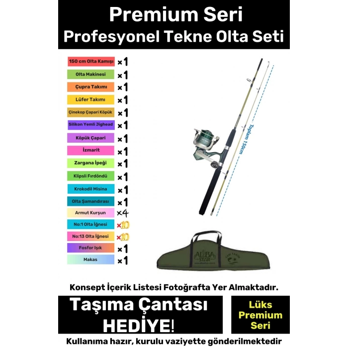 Özel Üretim Taşıma Çantalı Hazır Kurulu Tam Takım Profesyonel Tekne Olta Seti - 3m Kamış Hediyeli
