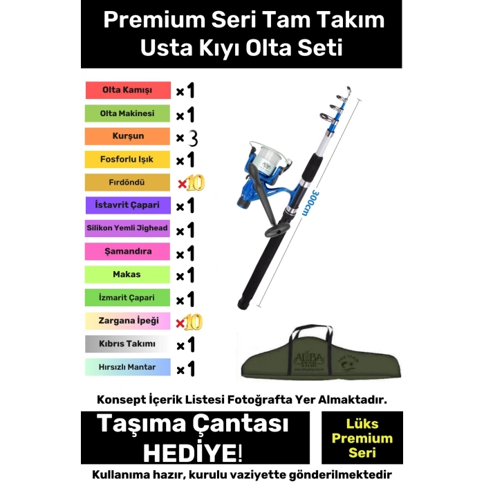 Özel Üretim Şık Taşıma Çantalı Hazır Kurulu Tam Takım Usta Kıyı Olta Seti - 3m Kamış Hediyeli