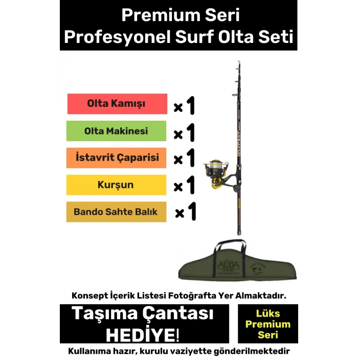 Özel Üretim Şık Taşıma Çantalı Hazır Kurulu Tam Takım Profesyonel Surf Olta Seti - 3m Kamış Hediyeli
