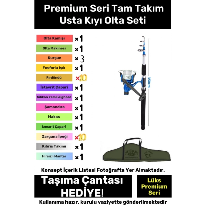 Özel Üretim Şık Taşıma Çantalı Hazır Kurulu Tam Takım Usta Kıyı Olta Seti - 3m Kamış