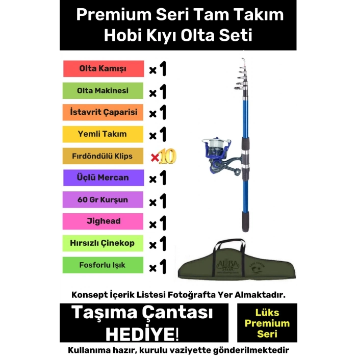 Özel Üretim Şık Taşıma Çantalı Hazır Kurulu Balık Tam Takım Hobi Kıyı Olta Seti - 3m Kamış Hediyeli