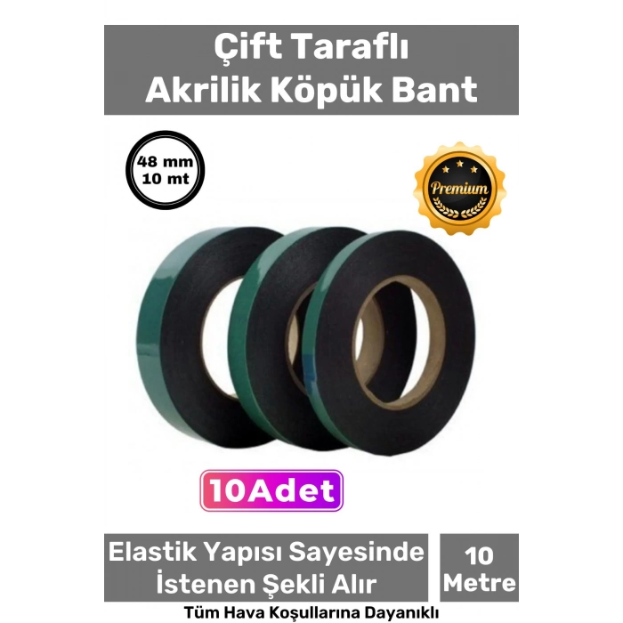 Süper Güçlü İz Bırakmayan Elastik Yapılı Çift Taraflı 48mm - 10 Metre Akrilik Köpük Bant - 10 Adet