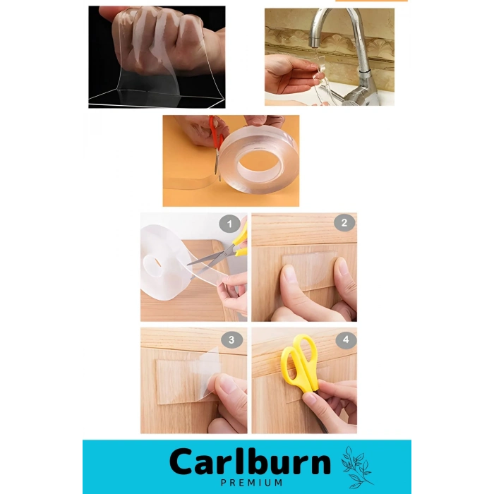 Deluxe Ultra Süper Güçlü Yüksek Mukavemetli Nano Teknolojili Çift Taraflı Şeffaf 1 mt Bant 10 Adet