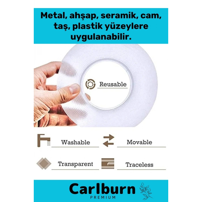 Deluxe Ultra Süper Güçlü Yüksek Mukavemetli Nano Teknolojili Çift Taraflı Şeffaf 1 mt Bant 2 Adet