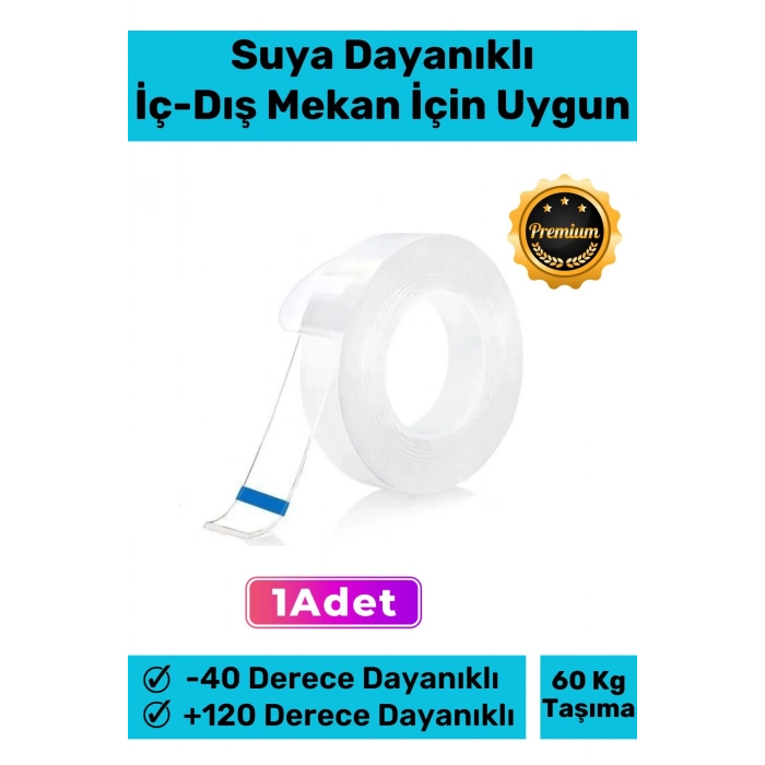 Deluxe Ultra Süper Güçlü Yüksek Mukavemetli Nano Teknolojili Çift Taraflı Şeffaf 1 mt Bant 1 Adet
