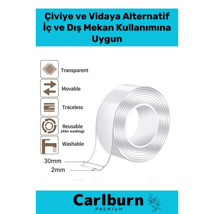 Deluxe Ultra Süper Güçlü Yüksek Mukavemetli Nano Teknolojili Çift Taraflı Şeffaf 1 mt Bant 1 Adet