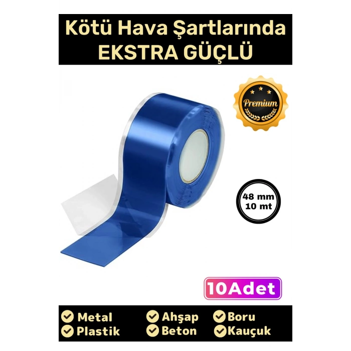 Süper Güçlü Su Geçirmez Sızdırmaz Mavi Renk Çok Amaçlı Tamir İzolasyon Bandı 48mm x 10m - 10 Adet