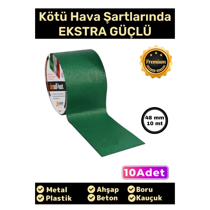 Süper Güçlü Su Geçirmez Sızdırmaz Yeşil Renk Çok Amaçlı Tamir İzolasyon Bandı 48mm x 10m - 10 Adet