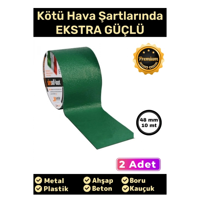 Süper Güçlü Su Geçirmez Sızdırmaz Yeşil Renk Çok Amaçlı Tamir ve İzolasyon Bandı 48mm x 10m - 2 Adet