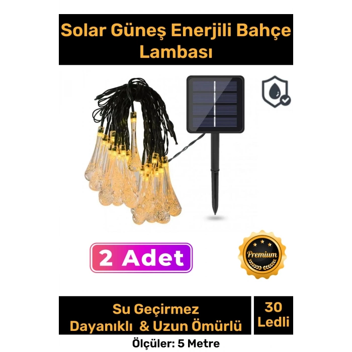 Özel Seri Solar Güneş Enerji Su Damlaları 5 Metre Uzunluğunda Sarı Renkli 30 Ledli Bahçe Aydınlatma