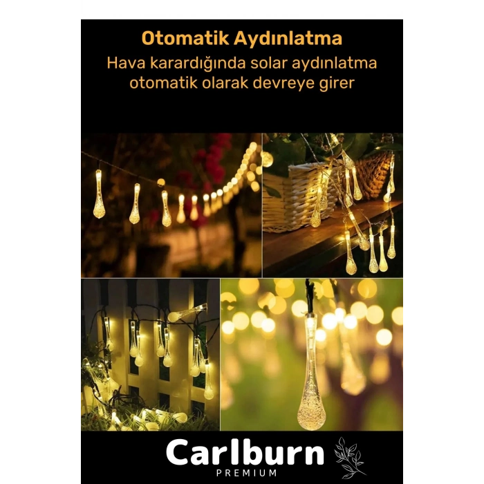 Özel Seri Solar Güneş Enerji Su Damlaları 5 Metre Uzunluğunda Sarı Renkli 30 Ledli Bahçe Aydınlatma
