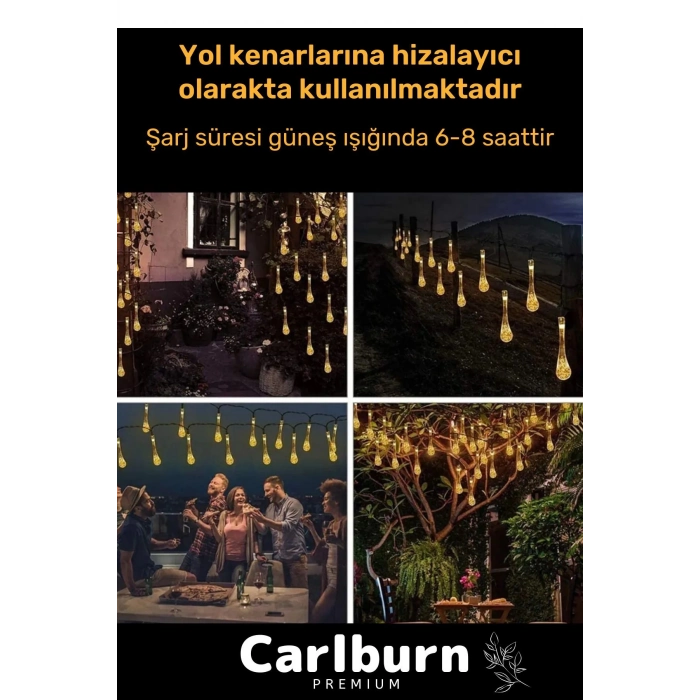 Özel Seri Solar Güneş Enerji Su Damlaları 5 Metre Uzunluğunda Sarı Renkli 30 Ledli Bahçe Aydınlatma