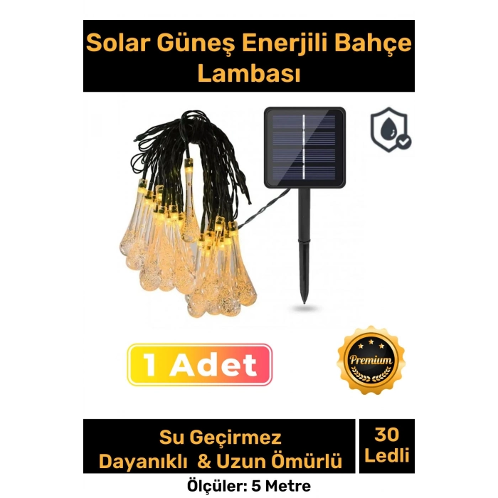 Özel Seri Solar Güneş Enerji 30 Ledli Su Damlaları 5 Metre Uzunluğunda Sarı Renkli Bahçe Aydınlatma