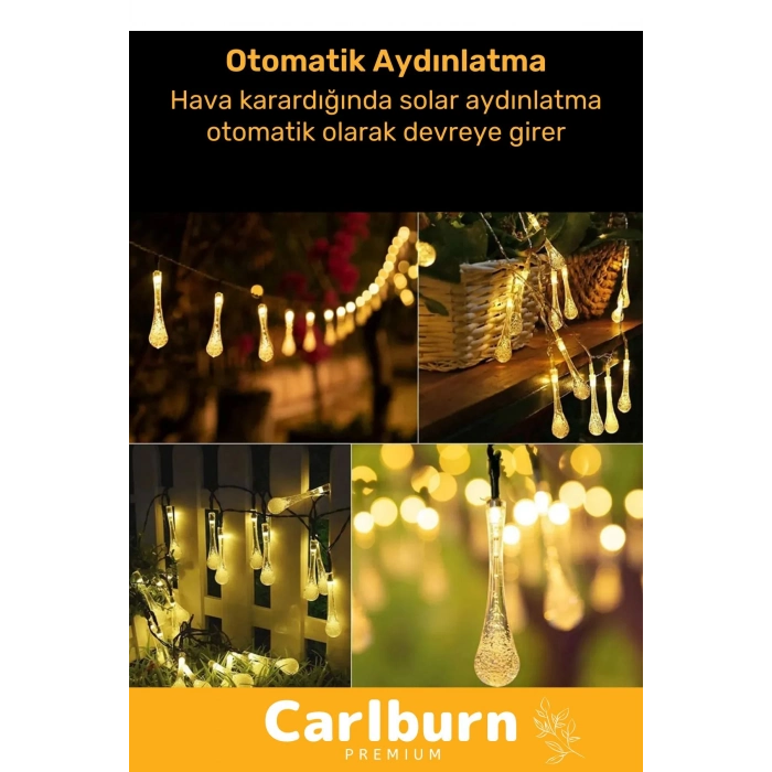 Özel Seri Solar Güneş Enerji 30 Ledli Su Damlaları 5 Metre Uzunluğunda Sarı Renkli Bahçe Aydınlatma