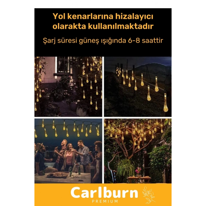 Özel Seri Solar Güneş Enerji 30 Ledli Su Damlaları 5 Metre Uzunluğunda Sarı Renkli Bahçe Aydınlatma