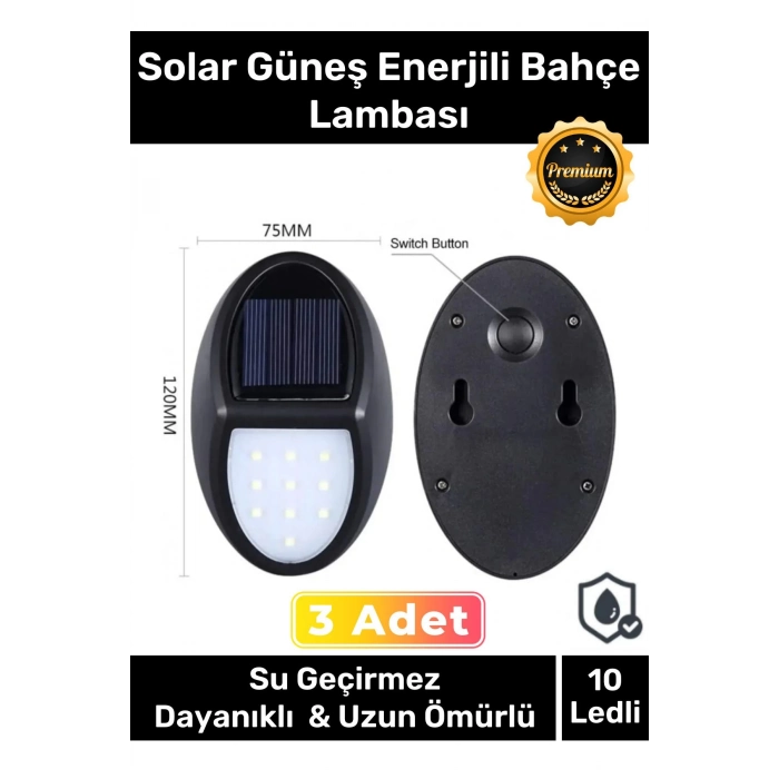 Özel Premium Açma Kapama Tuşlu Solar Su Geçirmez Oval Duvara Monteli 10 Ledli Bahçe Lambası 3 Adet