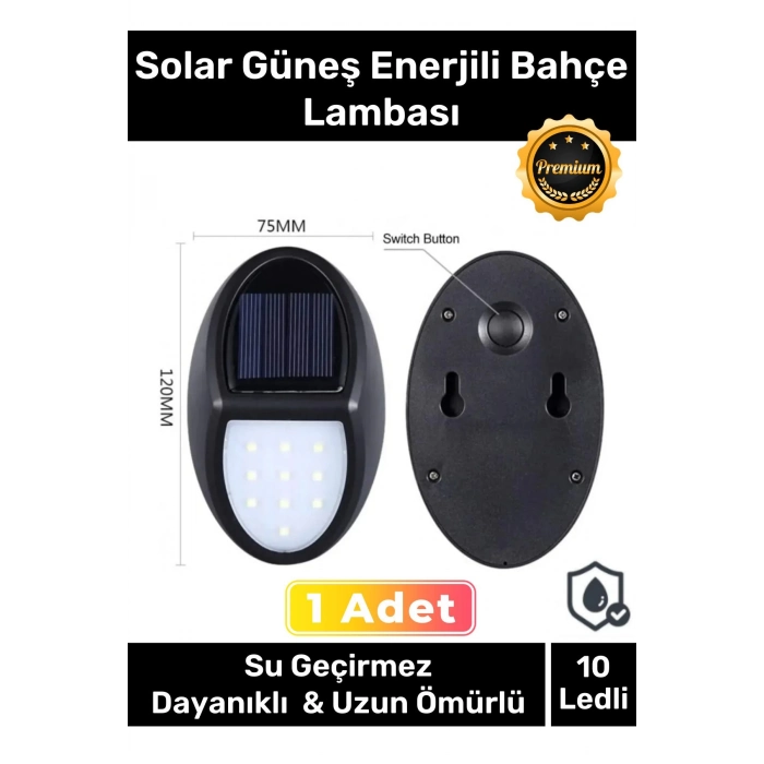 Özel Premium Açma Kapama Tuşlu Solar Su Geçirmez Oval Duvara Monteli 10 Ledli Bahçe Lambası 1 Adet