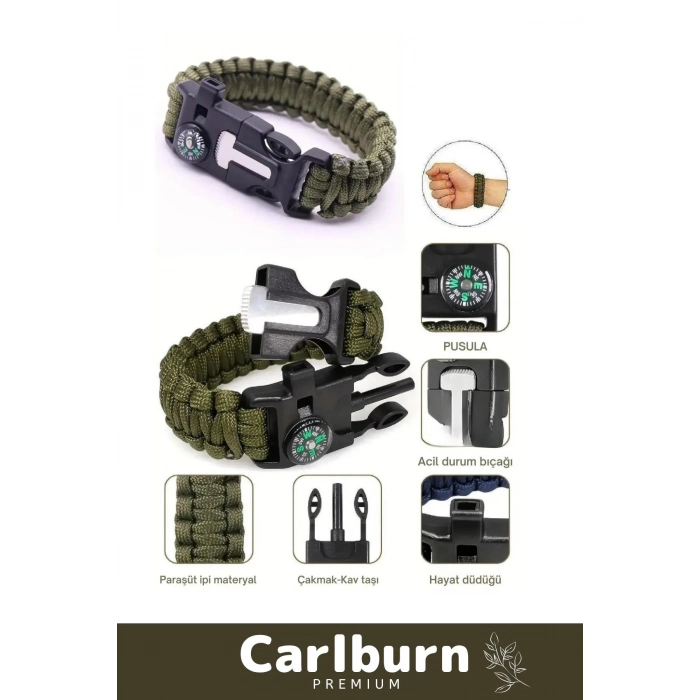 Premium Kiti Düdük Çakı Pusula Çakmaktaşı Paraşüt İpi Rahat Çok Amaçlı Hayatta Kalma Bilekliği