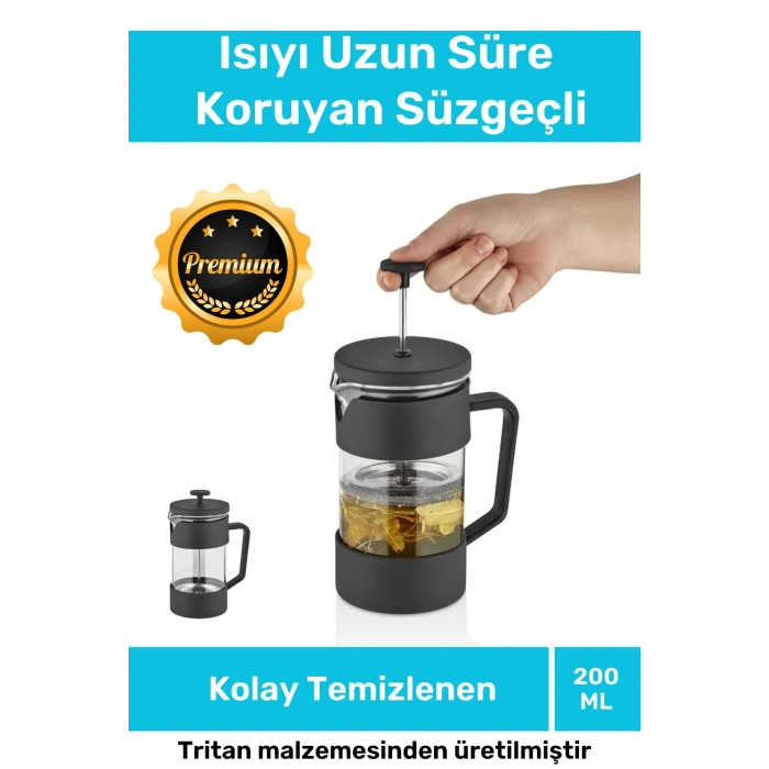 Özel Üretim Isıyı Uzun Süre Koruyan Süzgeçli Bitki Çayı Demliği Filtre Kahve French Press 200 ml