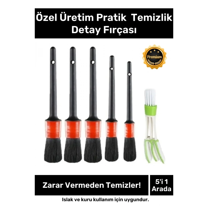Premium Seri Pratik Islak Kuru Otomobil Oto Araç Araba Klima Temizlik Detay Fırçası 5+1 Set