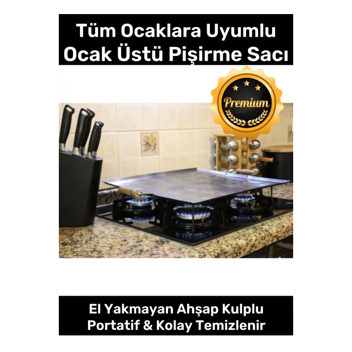 Premium Seri Ahşap Kulplu Yufka Gözleme Ekmek Katmer Hamur Portatif Izgara Ocak Üstü Pişirme Sacı