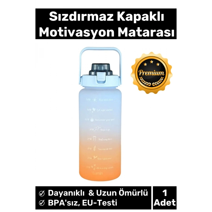 Premium Çift Renk Ölçü Baskılı Sızdırmaz Akmaz Motivasyon Matara Suluk Sağlıklı Plastik 2 Lt Su Şişe