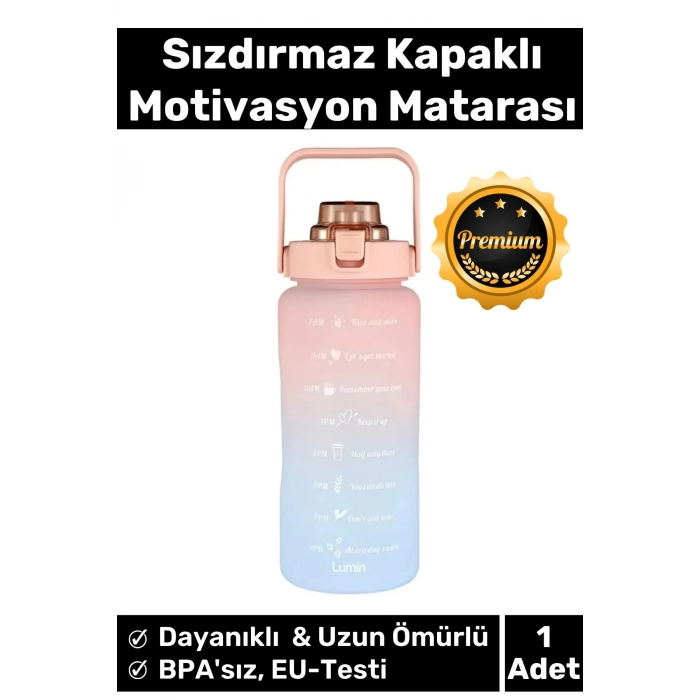 Premium Çift Renk Ölçü Baskılı Sızdırmaz Akmaz Motivasyon Matara Suluk Sağlıklı Plastik 2 Lt Su Şişe