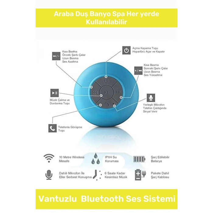 Deluxe Serisi Vantuzlu Su Geçirmez Şarjlı Mini Bluetooth Özellikli Beyaz Duş Kamp Sahil Hoparlörü