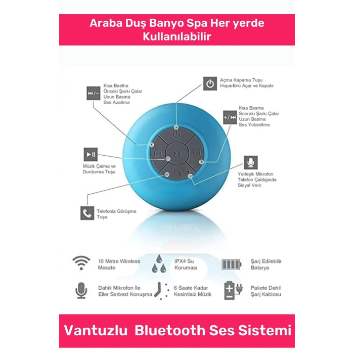 Deluxe Serisi Vantuzlu Su Geçirmez Şarjlı Mini Bluetooth Özellikli Beyaz Duş Kamp Sahil Hoparlörü