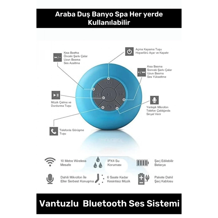Deluxe Serisi Vantuzlu Su Geçirmez Şarjlı Mini Bluetooth Özellikli Beyaz Duş Kamp Sahil Hoparlörü
